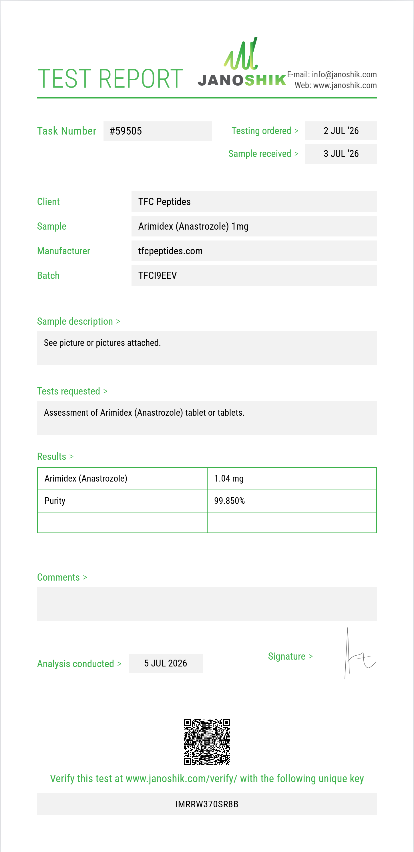 Arimidex (Anastrozole) Purity (HPLC) report by Janoshik Analytical