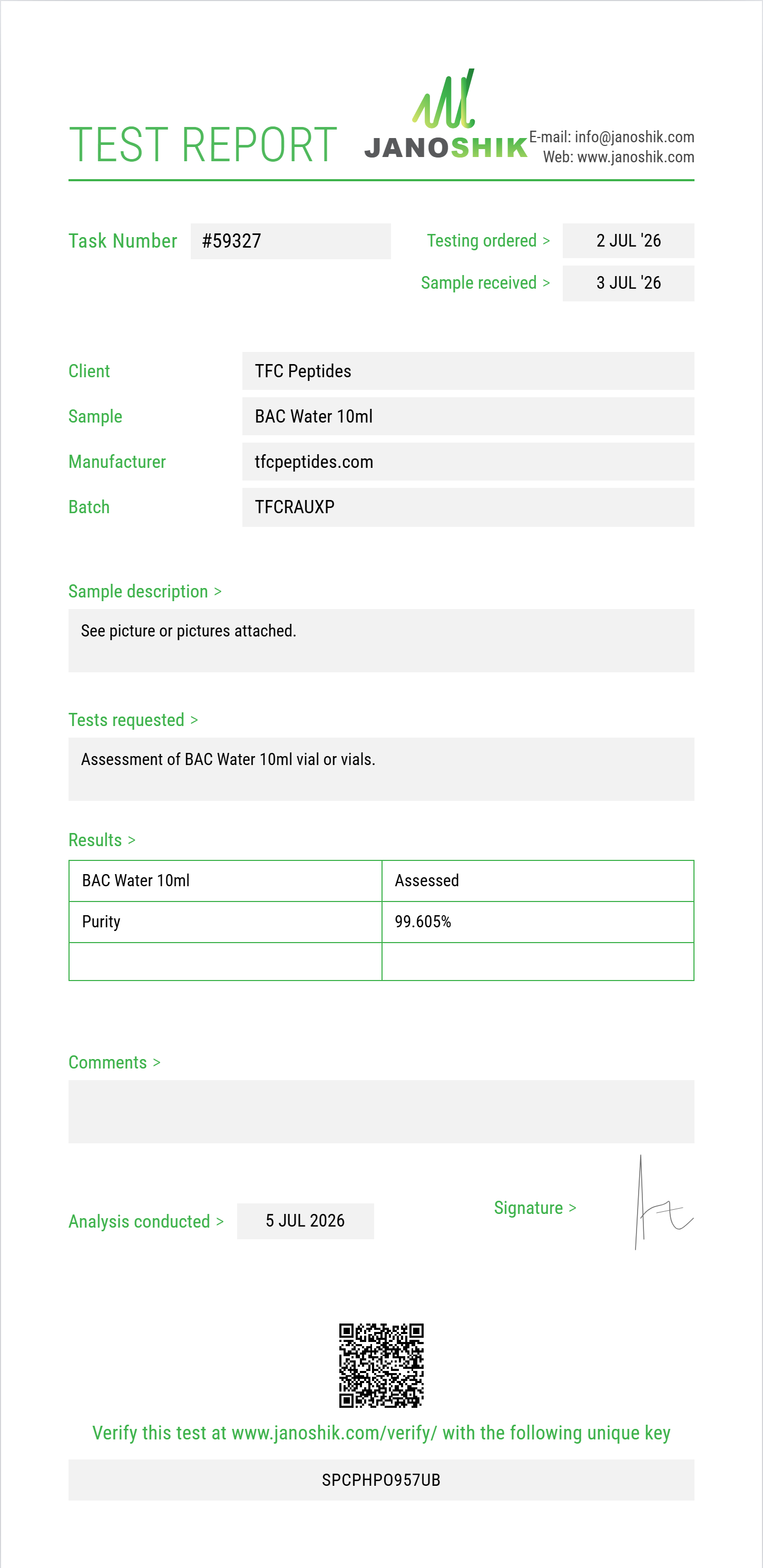 BAC Water Bundle Purity Test Report by Janoshik