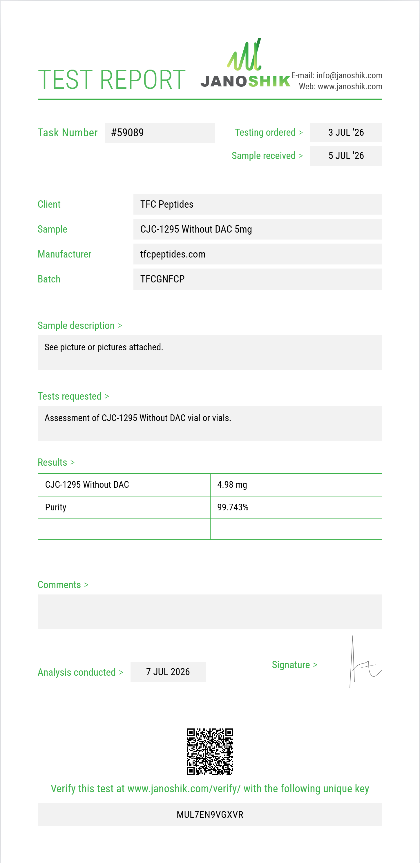CJC-1295 Without DAC Purity (HPLC) report by Janoshik Analytical