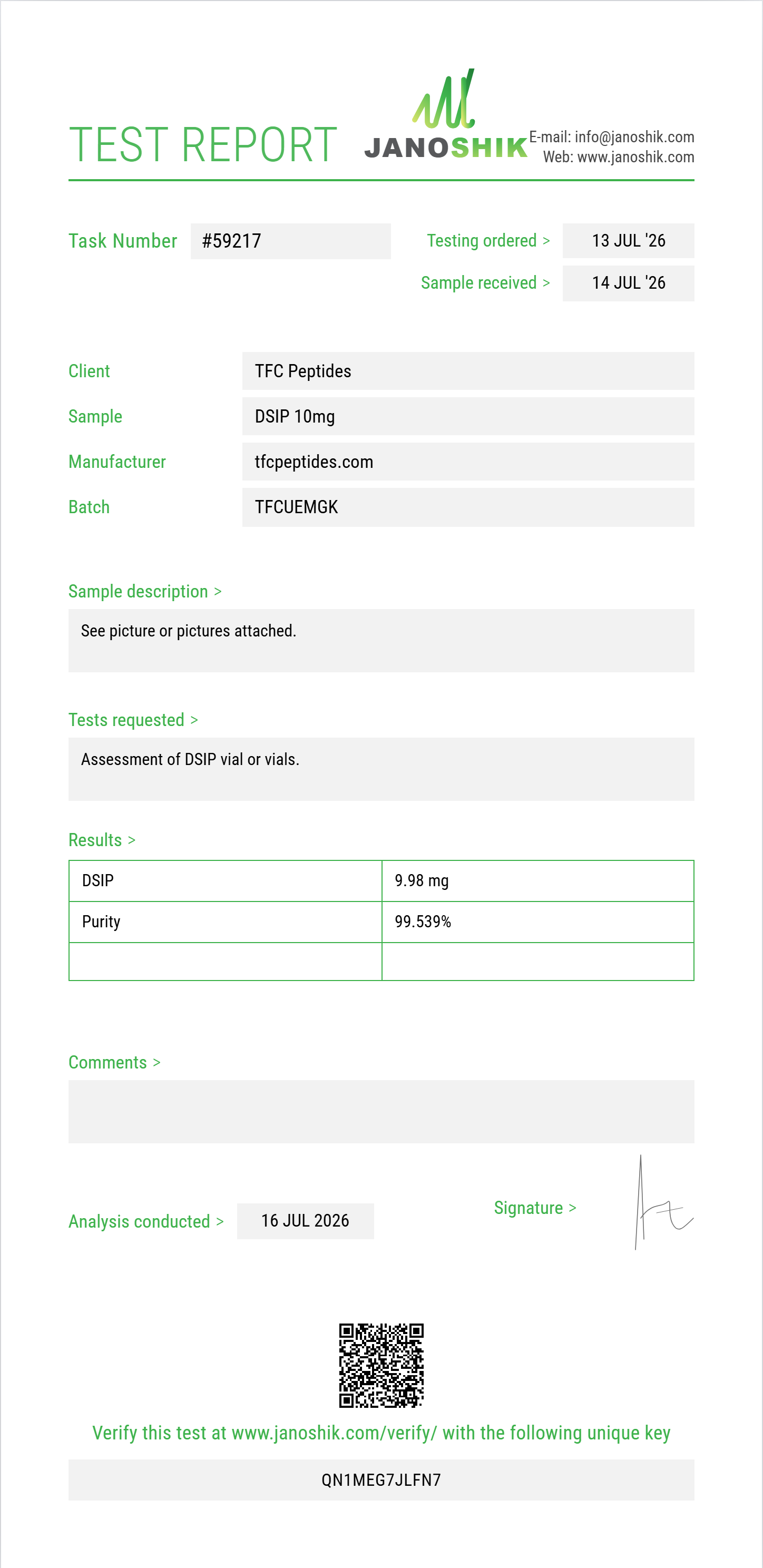DSIP Purity (HPLC) report by Janoshik Analytical