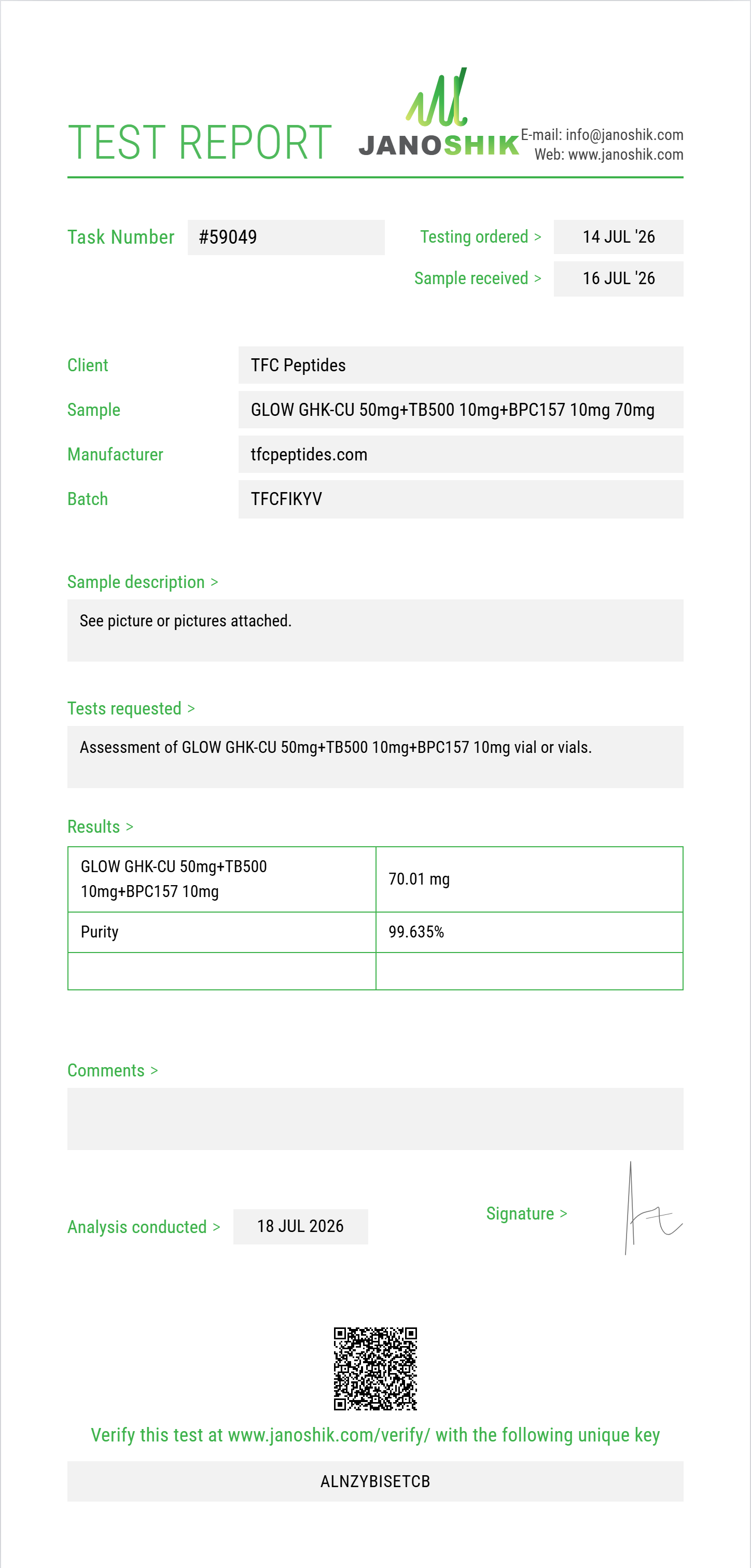 GLOW GHK-CU 50mg+TB500 10mg+BPC157 10mg Purity (HPLC) report by Janoshik Analytical