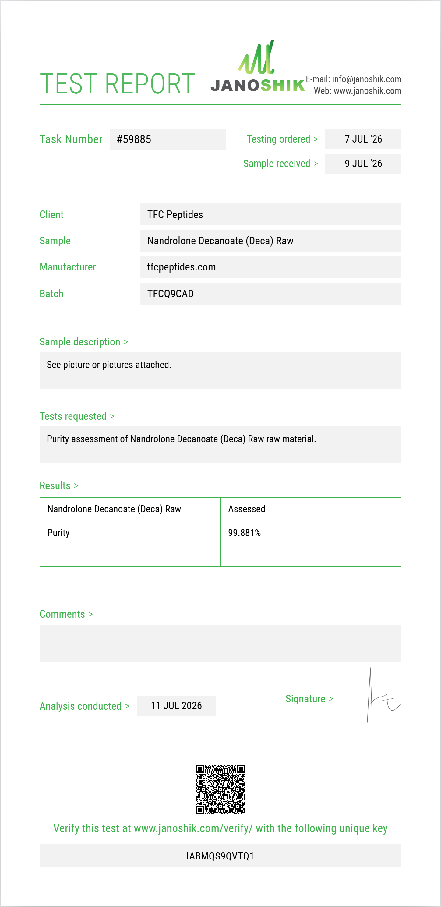 Nandrolone Decanoate (Deca) Raw Purity (HPLC) report by Janoshik Analytical