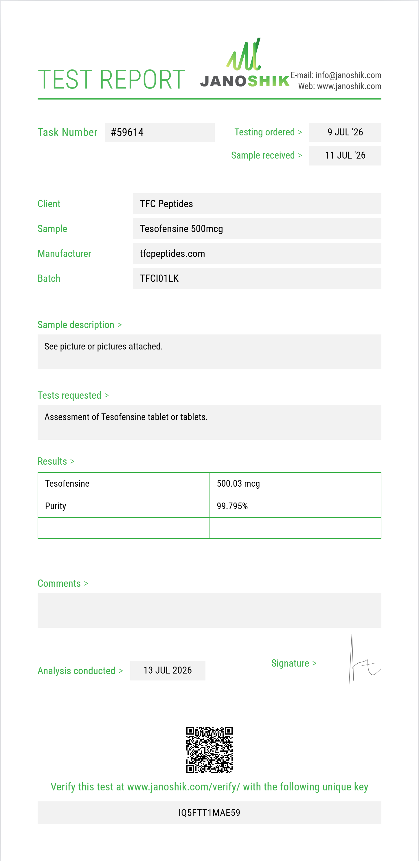 Tesofensine Purity (HPLC) report by Janoshik Analytical