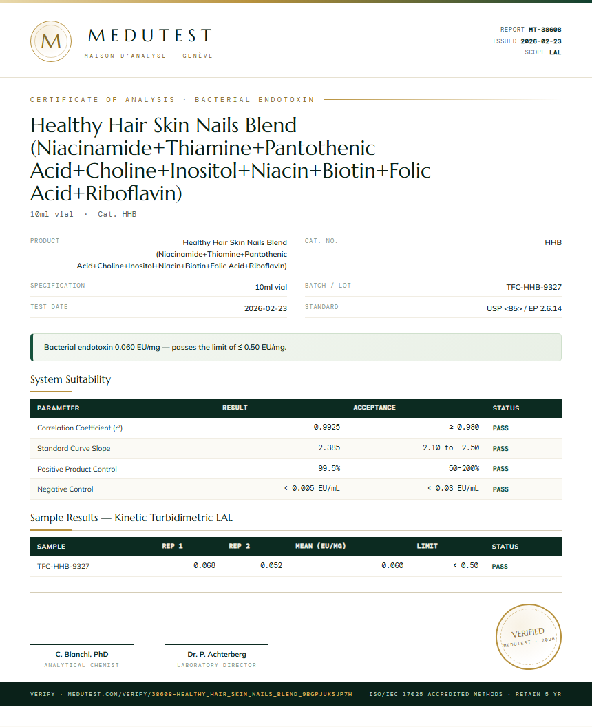 Healthy Hair Skin Nails Blend (Niacinamide+Thiamine+Pantothenic Acid+Choline+Inositol+Niacin+Biotin+Folic Acid+Riboflavin) Endotoxin report by Medutest