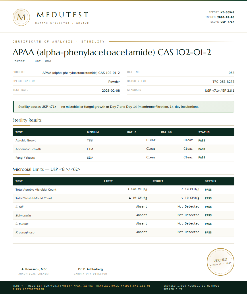 APAA (alpha-phenylacetoacetamide) CAS 102-01-2 Sterility report by Medutest